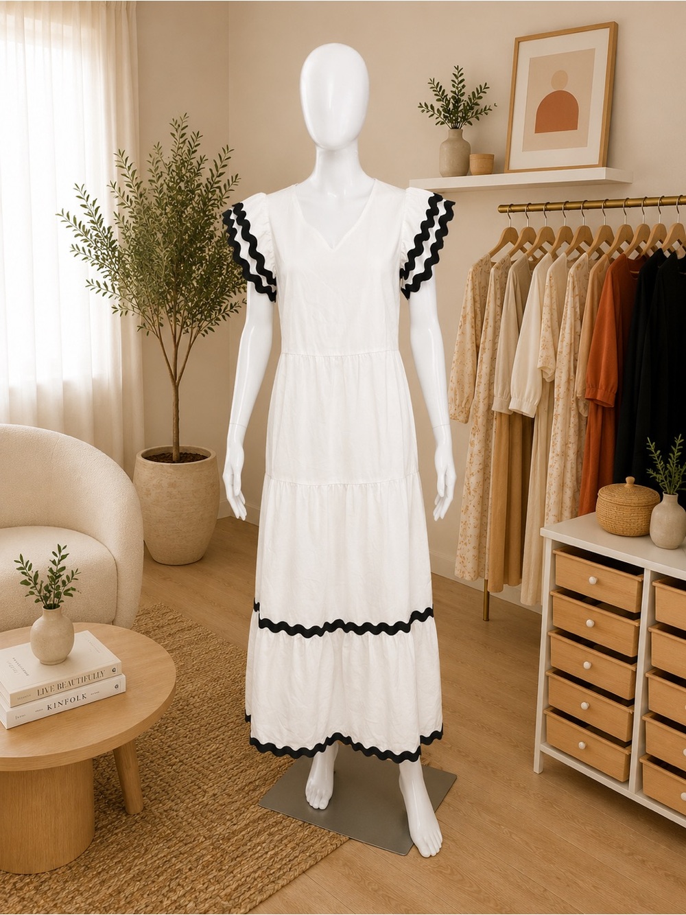 White Tiered Maxi Dress with Black Ric-Rac Trim by